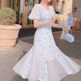 Drespot-Vintage Chiffon Fairy Dress Women Elegant Floral Print Split Victorian Dress 2021 Summer Holiday Korean Long Party Dress Wedding