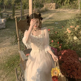 Drespot-French Vintage Midi Dress Women Lace Elegant Princess Party Fairy Dress Female 2024 Spring Casual Korean Wedding Victorian Dress