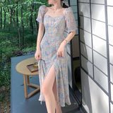 Drespot-Vintage Flower Split Dress Women Puff Sleeve Elegant Long Fairy Dress Casual Party Beach Holiday Summer Dress Women 2021 Korean