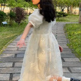 Drespot-Summer Long Fairy Dress Women Sweet Mesh Hollow Out Designer Vintage Dress 2021 Elegant Korean High Waist Party Floral Dress