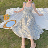 Drespot-Elegant Long Flower Strap Dress Women Vintage Sweet Print Korean Slip Fairy Dress Casual Calssy Party Princess Dress Summer 2022