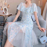 Drespot-Vintage Chiffon Fairy Dress Women Elegant Floral Print Split Victorian Dress 2021 Summer Holiday Korean Long Party Dress Wedding