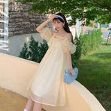 Drespot-2024 Summer Vintage Yellow Strap Dress Women Sweet Off Shoulder Ruffle Fairy Dress Female Elegant Evening Party Ladies Dress New