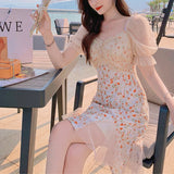 Drespot-Fairy Vintage Floral Dress Women Patchwork Split Elegant Korean Party Dress Casual Holiday Evening Beach Dress Women 2021 Summer