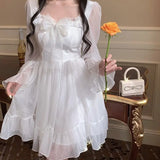 Drespot-White Elegant Fairy Dress Women Patchwork Bow Sweet Vintage Princess Dress Female Sexy Mini Korean Party Dress 2021 Flare Sleeve