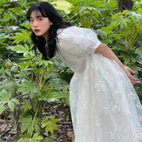 Drespot-Summer Long Fairy Dress Women Sweet Mesh Hollow Out Designer Vintage Dress 2021 Elegant Korean High Waist Party Floral Dress