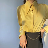 business casual outfits Yellow Large Pointed Collar Shirt Women's Autumn New Acetate Satin Draping Top Large Collar Niche Ol Shirt