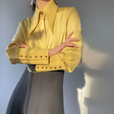 business casual outfits Yellow Large Pointed Collar Shirt Women's Autumn New Acetate Satin Draping Top Large Collar Niche Ol Shirt