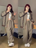 Drespot-Vintage Tracksuit Two Piece Set Women Korean Streetwear Stand Collar Zipper Sweatshirt Sportswear Set Autumn School