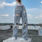 Drespot-Streetwear Straight Pants Ladies Ripped Jeans Mid Waist Loose Wide Leg Pants Ladies Jeans Y2K Summer High Street  Cargo Pants