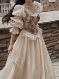 Drespot-French Style Vintage Dress Women Elegant Print Floral Evening Party Dresses Female Autumn Casual Puff Sleeve Fairy Long Dresses