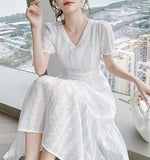 Drespot French White Long Dress For Woman Summer Bohemia Slim Beach Maxi Dress Short Sleeve V Neck Elegant Female Dresses Office Holiday