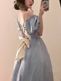 Drespot-Vintage Elegant Midi Dresses Women Spring Blue Patchwork Retro Evening Party Dress 2022 French Sweet Korean Princess Fairy Dress