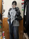 Drespot Y2k Harajuku Streetwear Star Graphics Sweaters Korean Grunge Zip Up Knitted Tops American Vintage Grey Cardigans Women