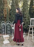Drespot-Vintage Gothic Two Piece Dress Sets Women Black Lace Ruffle Blouse + Lace-up Midi Skirt 2024 Winter Court Retro Casual Suits Y2k