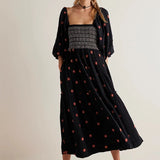 Drespot Bohemian Floral Dress Women Square Neck Ruffle Swing A Line Maxi Dress Long Sleeve Beach Style Holiday Lady Club Party Dress