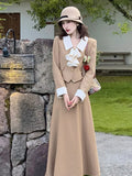 Drespot-French Women Spring 2 Pieces Set Elegant Long Sleeve Blazer Bow Top Casual A-line Midi Skirt 2023 Spring Solid Lady Clothes