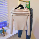 Drespot-Sexy Off Shoulder Solid Full Sleeve Pink Underlay Tops Women Autumn Gentle Style Tight Inner Layer Bottoming Knit Sweater Winter