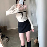 Drespot-Korean Sexy Knitted T-shirts Bows Square Collar Sling Long Sleeve Pullover Two Piece Sets High Street Knitwears Shirt For Women