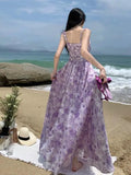 Drespot French Vintage Purple Print Long Dresses for Women 2024 Summer Sexy Backless Sleeveless Ruffles Beach Holiday Female Clothing