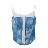Drespot- Sexy Tie dyed Blue Tank Tops Y2K Fairy Bow Lace Low Cut Halter Crop Tops Women Street Party Clubwear Slim Fit Camis