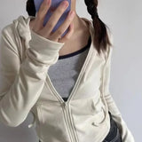 Drespot- Vintage Zip Up Cropped Hoodies Women Korean Style Streetwear Hooded Sweatshirts Kpop Solid Color Y2k Long Sleeve Tops