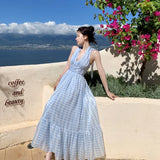 Drespot Summer Blue Plaid Maxi Women Dress 2024 Slim Backless Party Vacation Long Dress Female New Elegant Chic Prom Lady Chiffon Dress