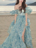 Drespot-2024 Summer Elegant Evening Party Dress Short Puff Sleeve Khaki Print Organza Women Floor-Length Overlength Princess Long Dress