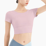 Drespot Women Workout Tees With Chest Pad Breathable Quick Dry Short Sleeve Tops Solid Elastic Fitness Top Skinny Femme