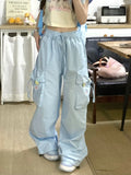 Drespot-Cargo Pants Women Baggy Blue Y2K Fashion Loose Pocket Embroidery Wide Leg Sport Trouser Harajuku Causal Mujer Sweatpants