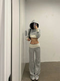 Drespot-Women Korean Y2k Gyaru Outfits 2 Piece Set Patchwork Long Sleeve Cropped Hoodie + Elastic waist Long Trousers Baggy Sweat Pants