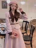 Drespot-spring French Style Multicolor Women Suits 2024 Eleagnt Bow Short Coat High Waist A-line Mid Skirt Fashion Vintage 2 Pieces Set