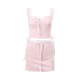 Drespot- Sweet Gentle Pink 2 Piece Set Y2K Sleeveless Bow Lace Up Tank Top With Elastic High-waist Party Skirt Women Outfits