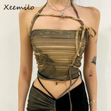 Drespot-Green Lace Up Off Shoulder Tank Top Summer 2024 Aesthetic Sexy Print Sleeveless Crop Top Y2k Streetwear Tanks