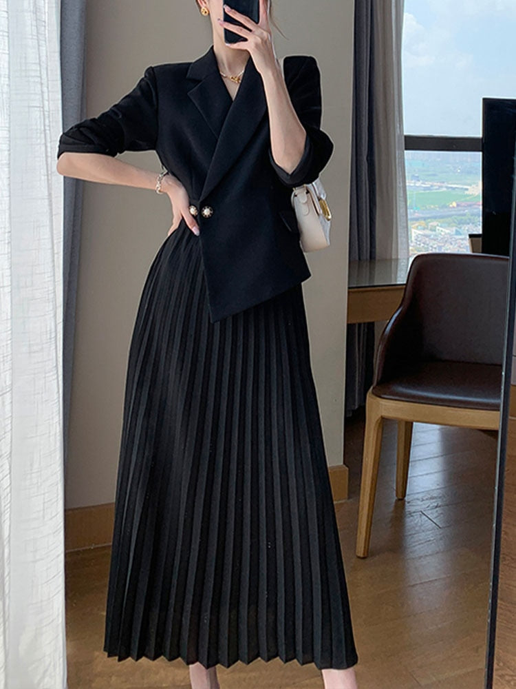 Drespot Fashion Dress for Women Long Sleeve Streetwear Party Dresses Office Lady Solid Notched Midi 2023 New Spring Summer Dress