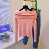 Drespot-Sexy Off Shoulder Solid Full Sleeve Pink Underlay Tops Women Autumn Gentle Style Tight Inner Layer Bottoming Knit Sweater Winter