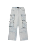 Drespot- Y2K Blue Cargo Jeans Women Vintage Streetwear Multiple Pockets Denim Pants Oversized High Street Hip Hop Baggy Trousers