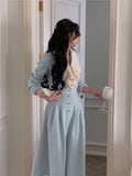 Drespot-Korean Skirt Suit 2024 spring Elegant 2 Piece Set Office Lady Long Sleeve Short Coat + Blue Midi Skirt Outfits Woman Slim Retro