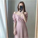 Drespot Vintage V-neck Slim Chiffon Women Dress Elegant Puff- Sleeve White Ladies Dresses 2024 Summer Party Pink Midi Dresses Vestidos