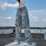 Drespot-Streetwear Straight Pants Ladies Ripped Jeans Mid Waist Loose Wide Leg Pants Ladies Jeans Y2K Summer High Street  Cargo Pants