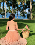 Drespot Beach Holiday Pink Backless Neck-mounted Long Dresses Summer French Hepburn Pressure Pleated Big Swing Casual Female Clothing