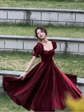 Drespot-French Vintage Burgundy Evening Party Dress Women 2024 Summer Elegant Romantic Prom Vestidos Korean A-line Graduation Dresses