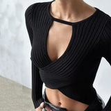 Drespot- Autumn Solid Underwear Top Elegant Hollow Out Knit Long Sleeve Undershirt 2024 Women Round Collar Slim Warmming Clothes