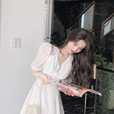 Drespot-Elegant V-neck Midi Dress Women Summer Puff Sleeve White Casual Party Dress Female Office Kawaii Lace One-piece Dress Korean Y2k