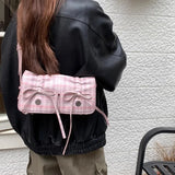 Drespot- Plaid Pink Womens Shoulder Bag Pleated Casual Sweet Cute New Fashion Leather Handbag Literary Exquisite Designer Armpit Bag