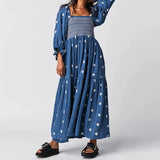 Drespot Bohemian Floral Dress Women Square Neck Ruffle Swing A Line Maxi Dress Long Sleeve Beach Style Holiday Lady Club Party Dress