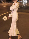 Drespot-Elegant Satin Midi Dresses for Women Long Sleeve Slim Mermaid Autumn Spring Evening Party Dress Prom Robe Wedding Vestidos New