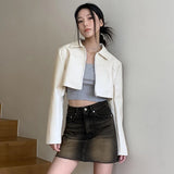 Drespot-Pu Faux Leather Long Sleeve Zipper High Waist Crop Top Jacket Coat Autumn Wholesale Clothes Y2K Streetwear Daily Outfit
