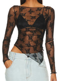Drespot-Women Lace Floral T-shirts Tops Long Sleeve Asymmetrical Hem Crop T-Shirts Mesh See Through Black Slim Tees Clubwear