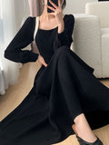 Drespot Elegant Dresses for Women Long Sleeve Streetwear Office Dress A Llne Solid Square Collar Zipper 2023 New Spring Summer Dress